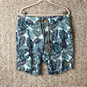 Duluth Trading Co Board Shorts Men’s 36 Flex Bull Moose Blue Tropical Leaf 9”